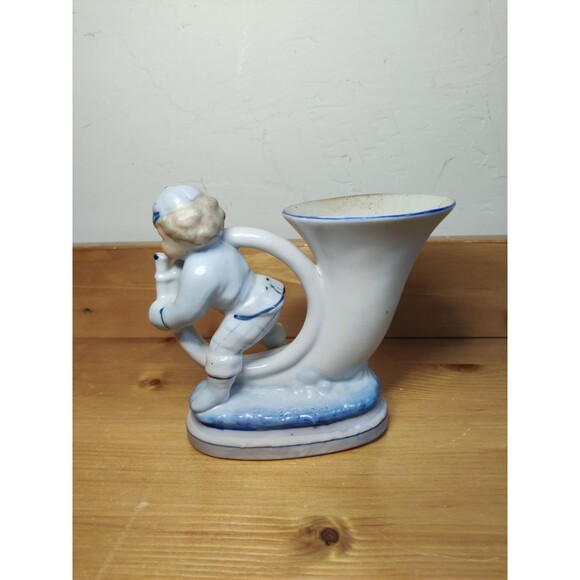 Vintage L&M Inc Blue White Horn Blowing Boy Vase 5" - Picture 3 of 9